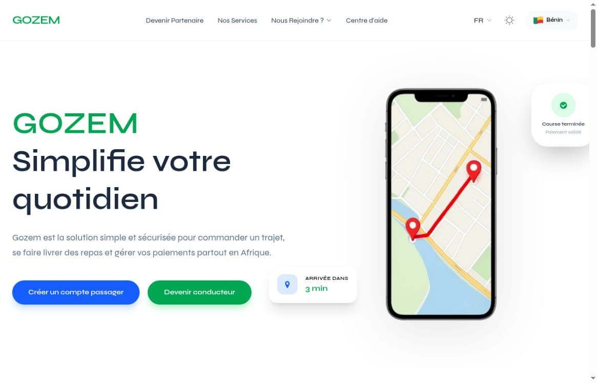 Capture réelle de la refonte Gozem : titre Simplifie votre quotidien, téléphone avec carte et actions passager et conducteur