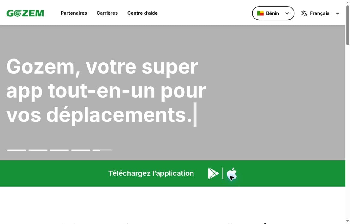 Capture de la page officielle Gozem Bénin, navigation supérieure, titre animé et bandeau de téléchargement