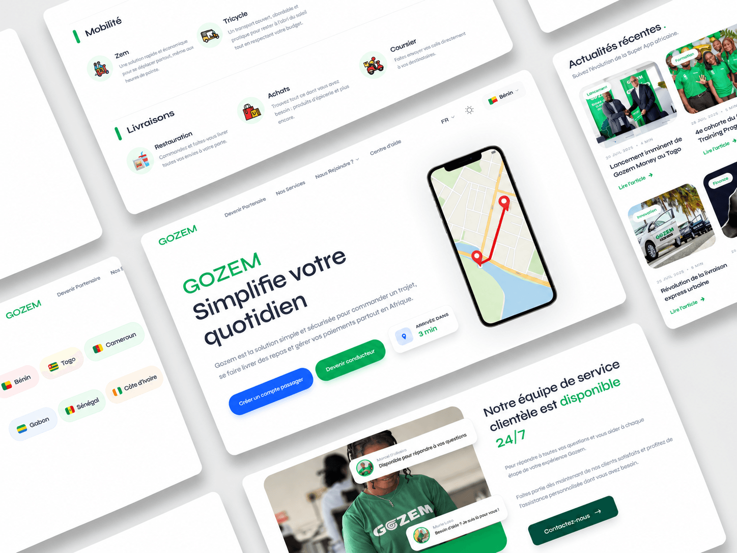 Mockup de présentation Gozem : accueil, services, pays, support et actualités