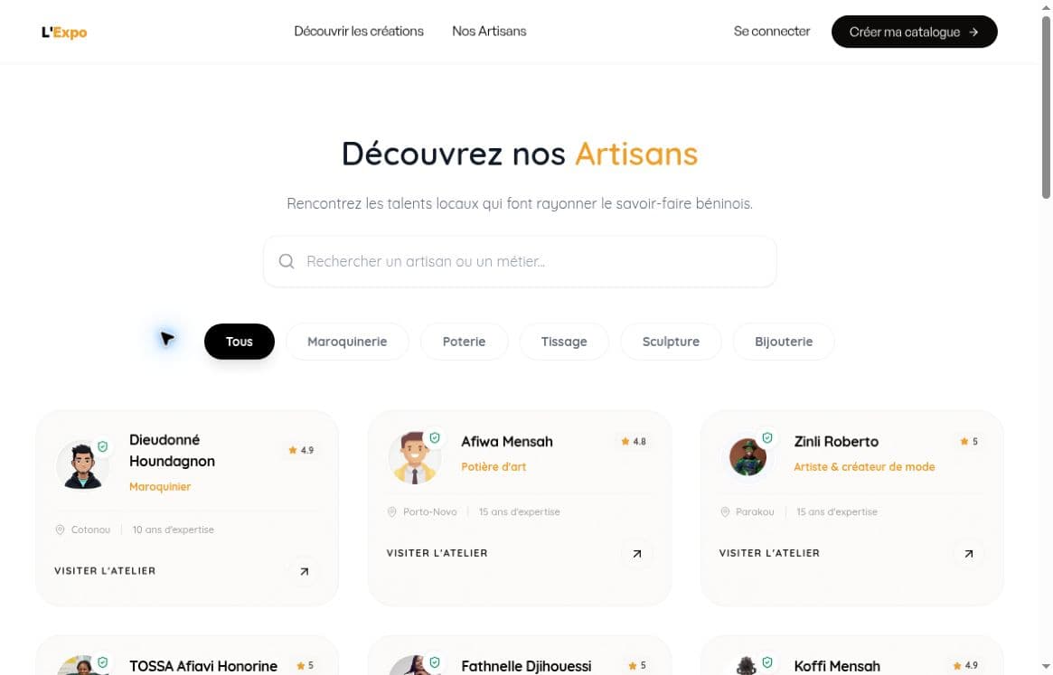 Annuaire L’Expo avec recherche, filtres par métier et cartes de profils artisans