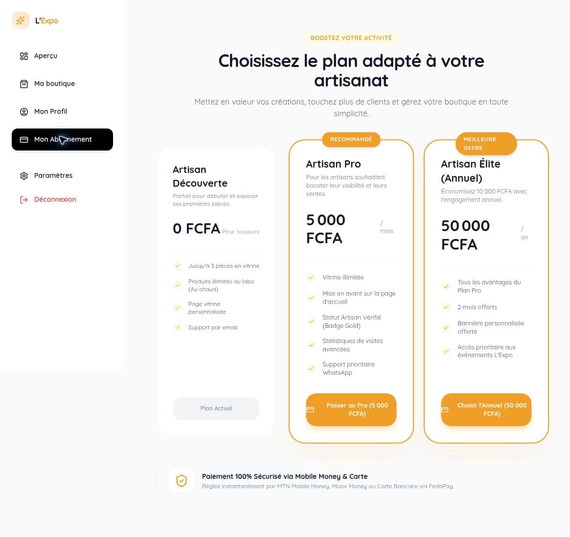 Onglet Mon Abonnement du dashboard L’Expo avec les trois formules Artisan Découverte, Pro et Élite