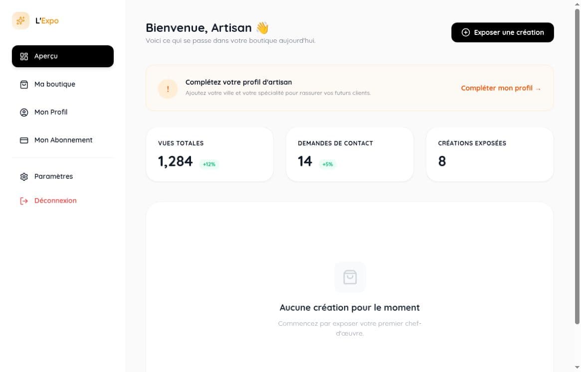 Aperçu du dashboard L’Expo : navigation latérale, indicateurs, profil à compléter et état sans création