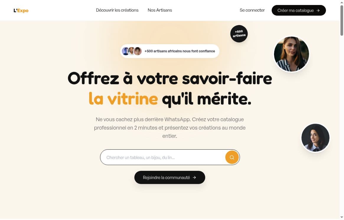 Accueil L’Expo : titre, recherche de créations et invitation à créer sa vitrine