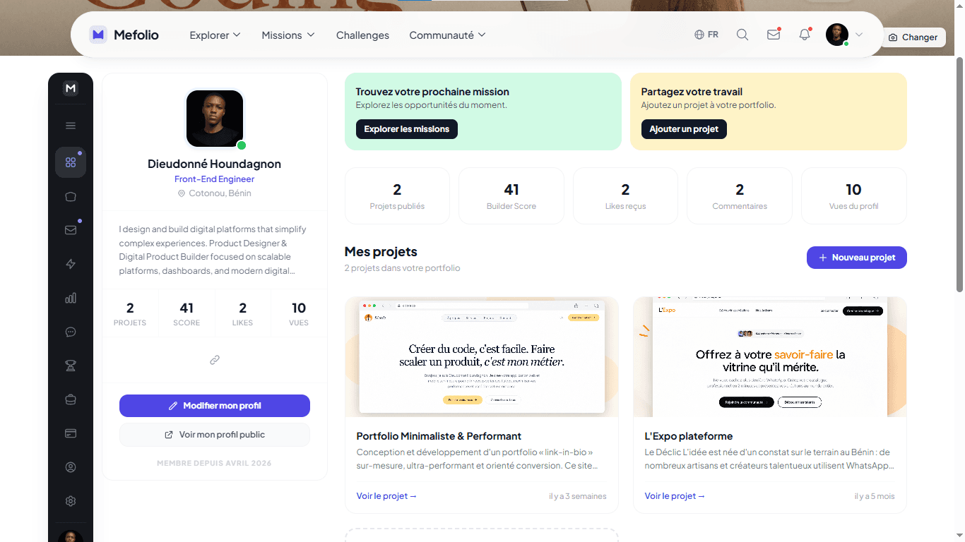 Dashboard MeFolio : profil créatif, statistiques et liste des projets