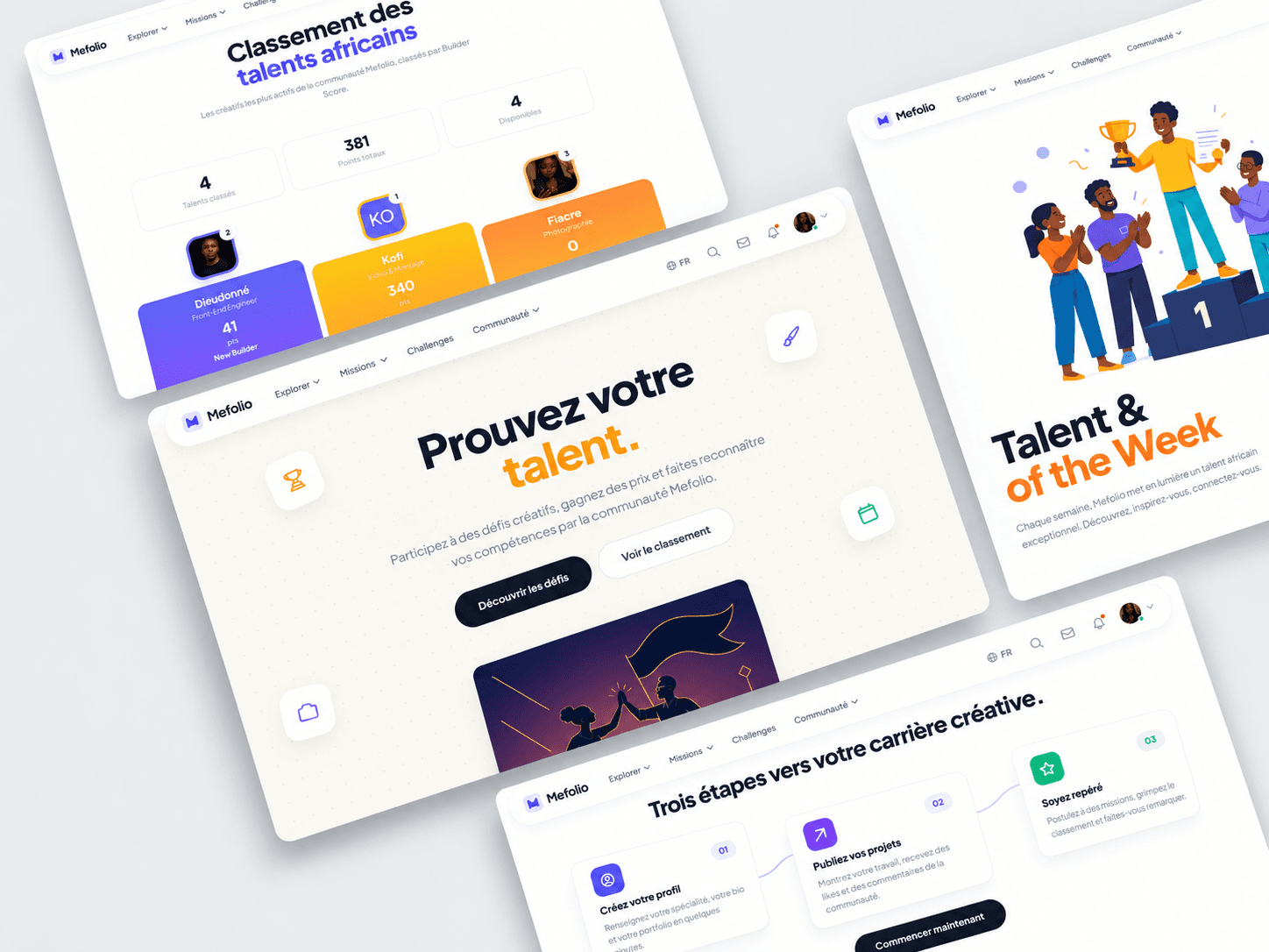 Mockup MeFolio réunissant les défis créatifs, le classement, Talent of the Week et les étapes du parcours créatif