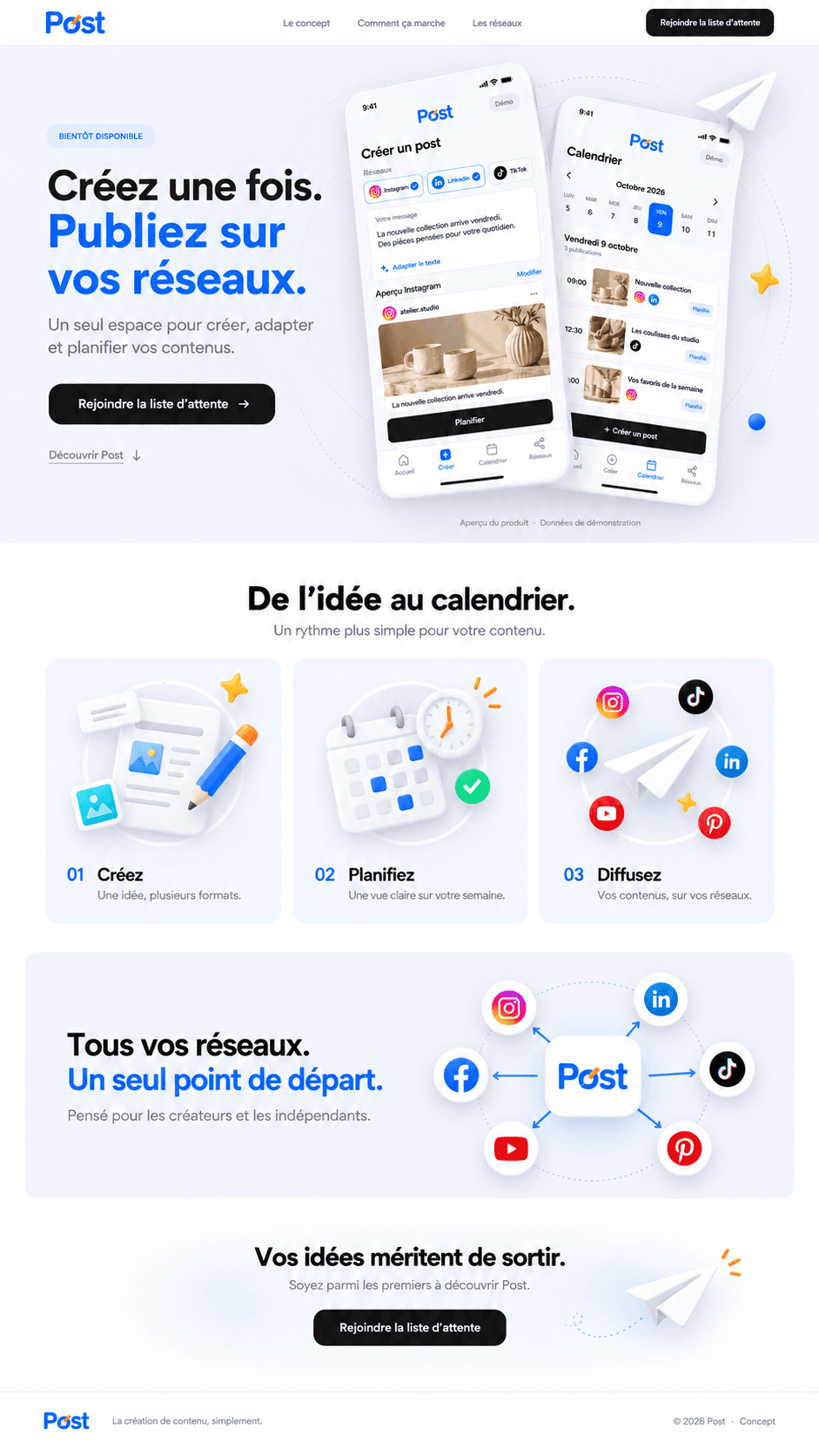 Maquette de landing page Post présentant le concept de création et de planification de contenus