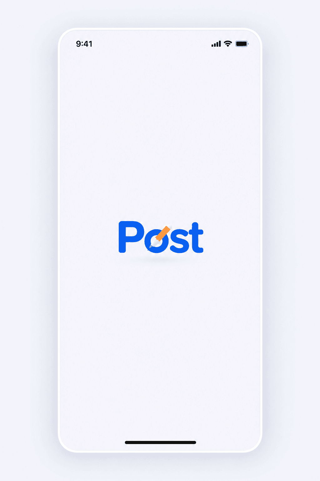 Maquette du splashscreen Post avec son logo bleu et son crayon sur fond lilas clair
