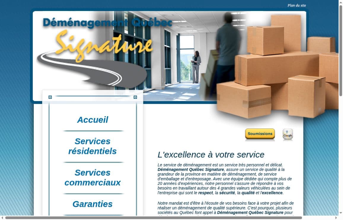 Capture du site d’origine Déménagement Québec Signature : bannière photographique, menu latéral et contenu en colonnes