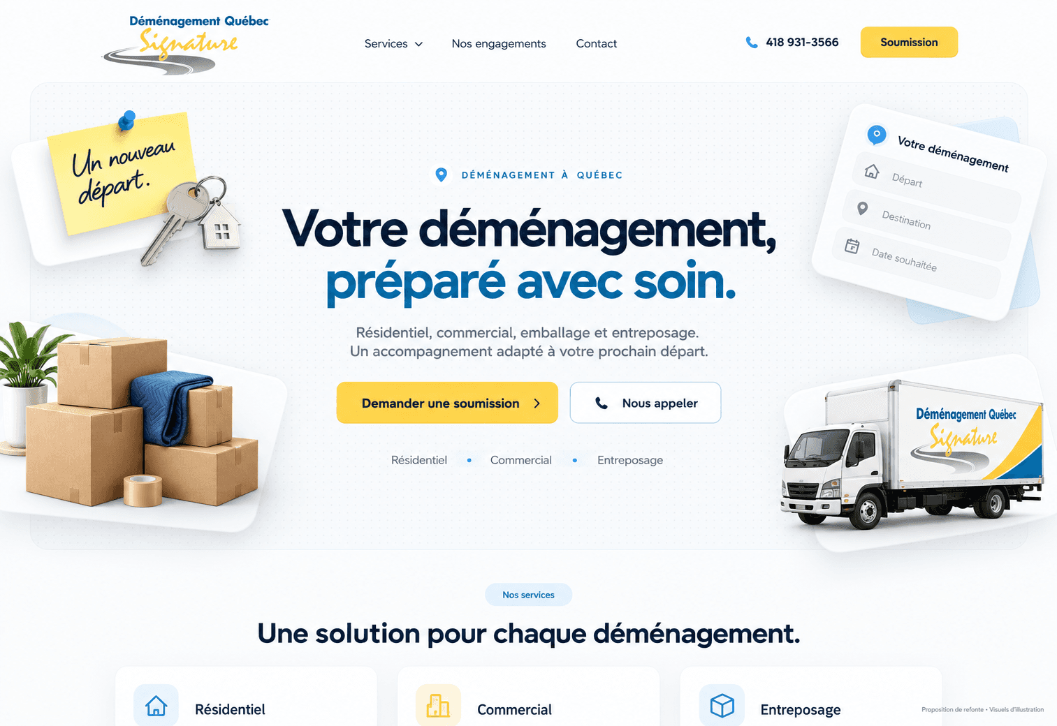 Proposition de refonte Déménagement Québec Signature : hero bleu et jaune avec illustrations de déménagement