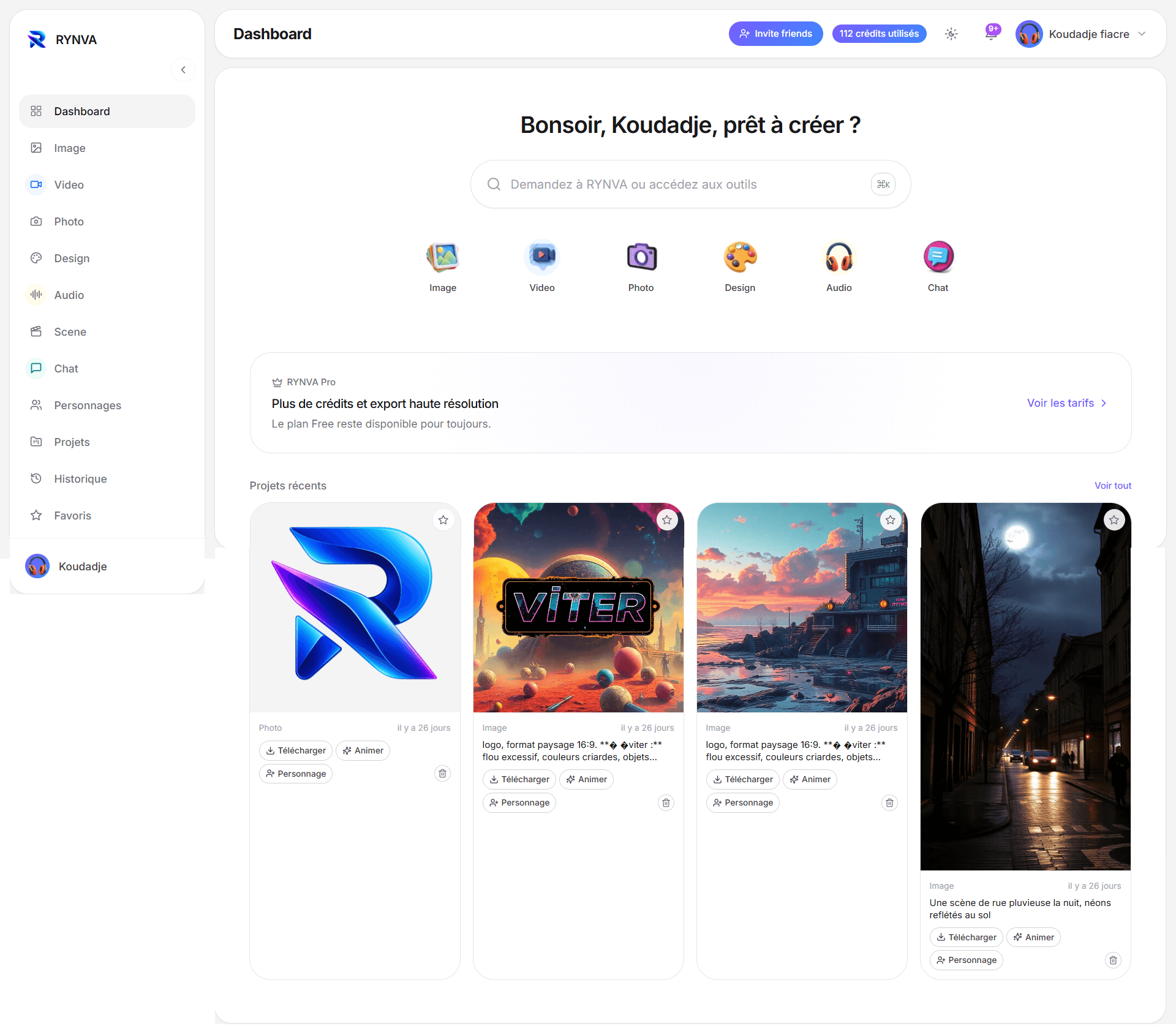 Capture complète fournie du dashboard Rynva : menu déployé, outils créatifs et projets récents