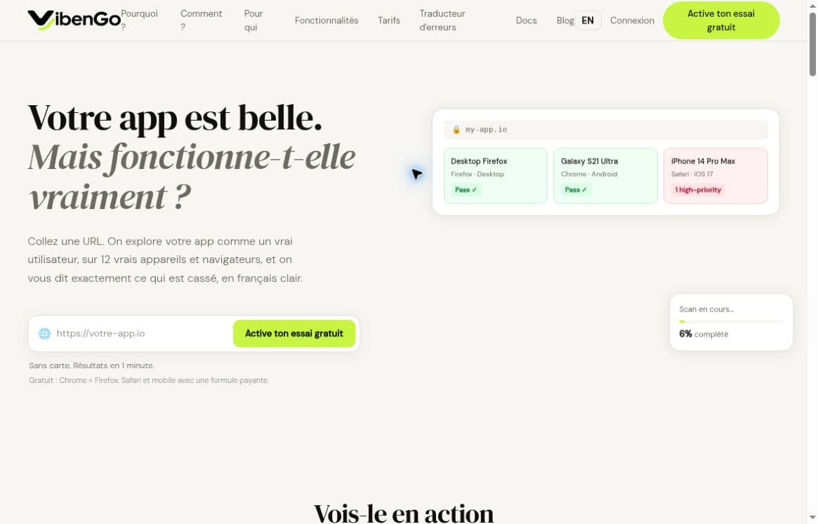 Capture réelle de la page publique française de VibenGo, avec ses résultats de démonstration par appareil