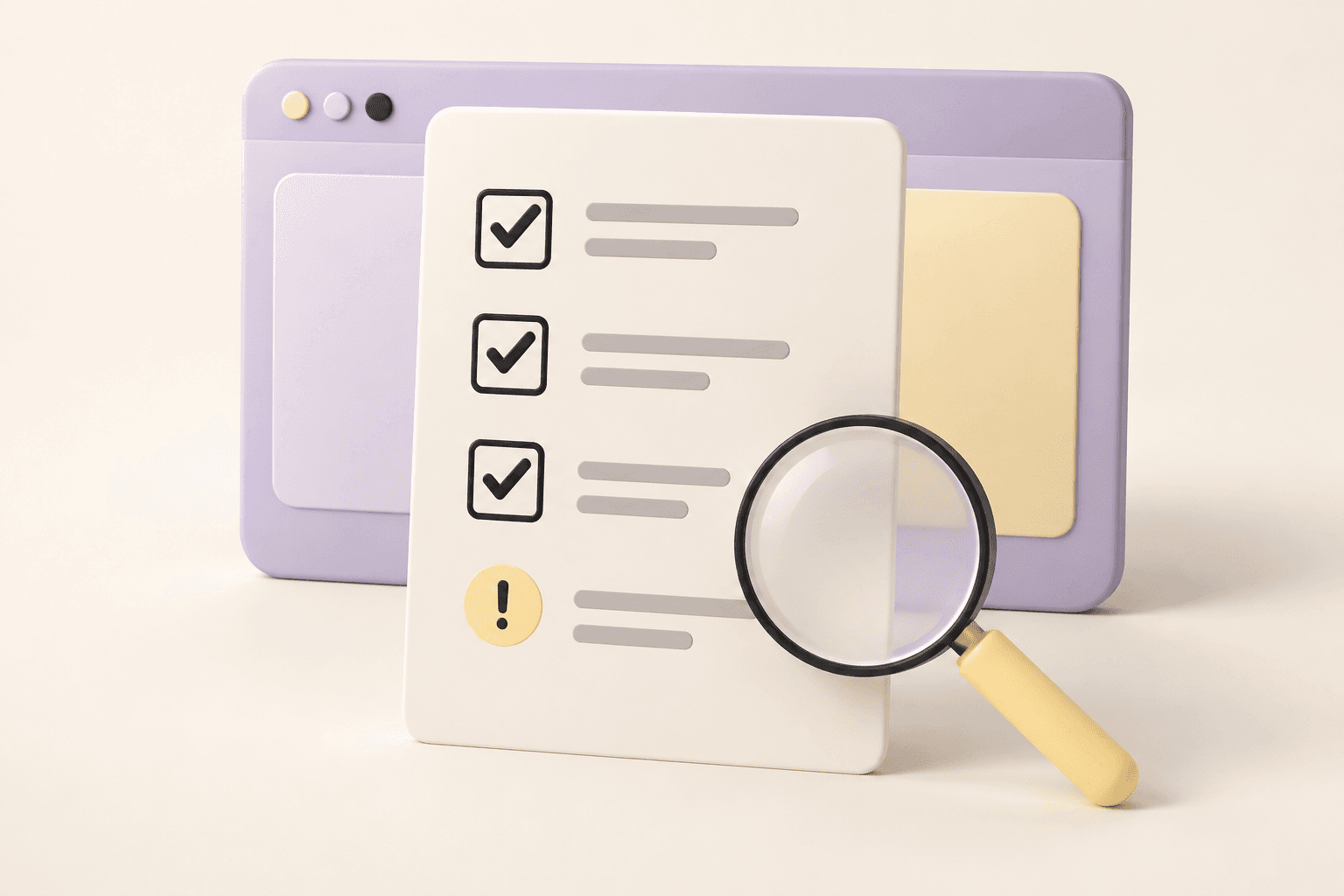 Illustration éditoriale du contrôle qualité web : fenêtre, checklist et loupe