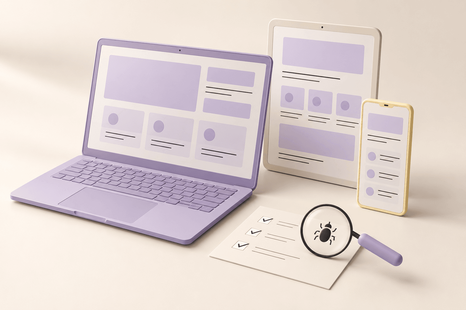 Illustration de tests sur ordinateur, tablette et mobile, accompagnés d’un rapport
