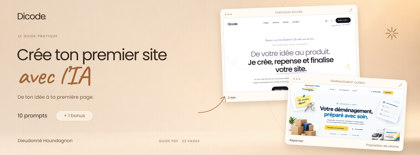 Guide Dicode de Dieudonné Houndagnon : crée ton premier site avec l’IA. 10 prompts et un bonus, PDF de 22 pages. Exemples du portfolio et de la refonte Québec Signature.